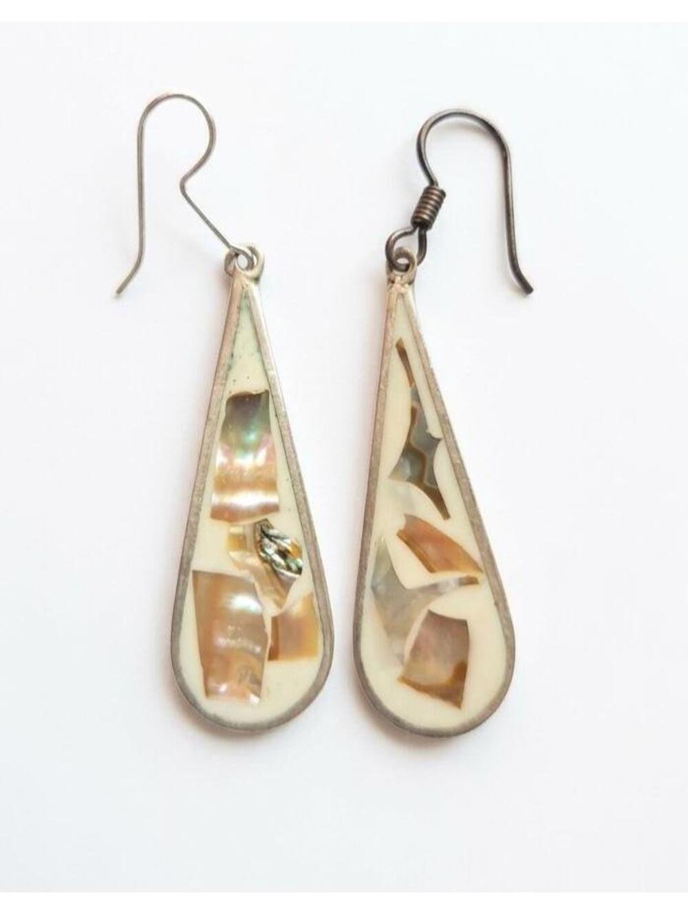 Vintage Mexican Silver Mother of Pearl Inlay Earrings, Abalone Teardrop Boho